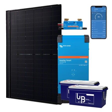 Kit solaire autonome 1000W : 2 panneaux Jolywood 500W, convertisseur Victron Phoenix Smart 1600VA, 2 batteries Uniteck GEL 150Ah et SmartShunt