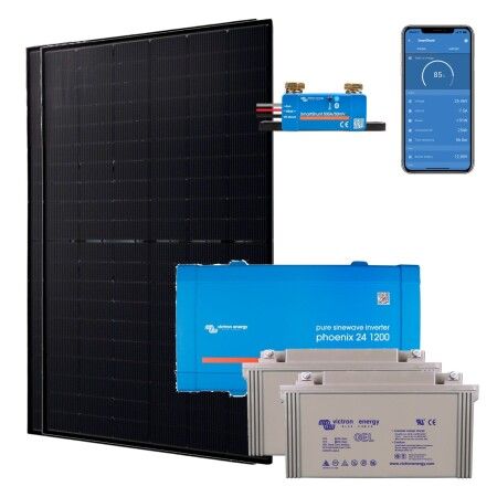 Kit solaire autonome 1000W : 2 panneaux Jolywood 500W, convertisseur Victron Phoenix 24V 1200VA, 2 batteries GEL 165Ah et SmartShunt