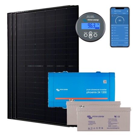 Kit solaire autonome 1500W : 3 panneaux Jolywood 500W, convertisseur Victron Phoenix 24V 1200VA, 2 batteries GEL 220Ah et BMV-712 Smart
