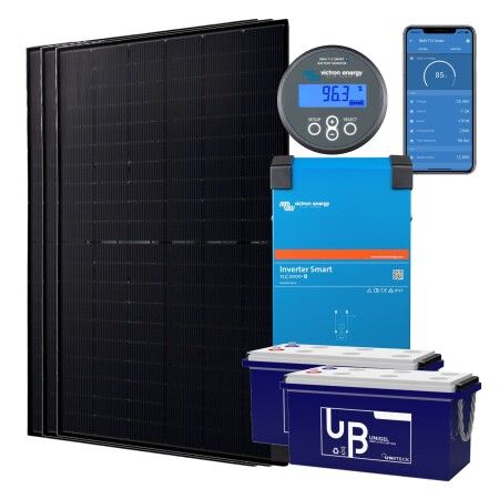 Kit solaire autonome 1500W : 3 panneaux Jolywood 500W, convertisseur Victron Phoenix Smart 1600VA, 2 batteries Uniteck GEL 220Ah et BMV-712 Smart