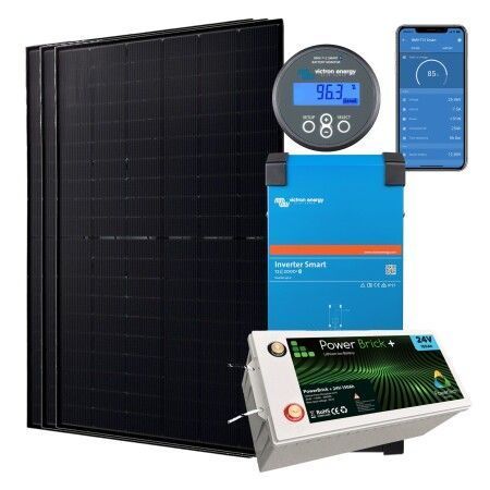 Kit solaire autonome 1500W lithium : 3 panneaux Jolywood 500W, convertisseur Victron Phoenix Smart 1600VA, batterie PowerBrick+ 24V 3,84 kWh et BMV-712 Smart