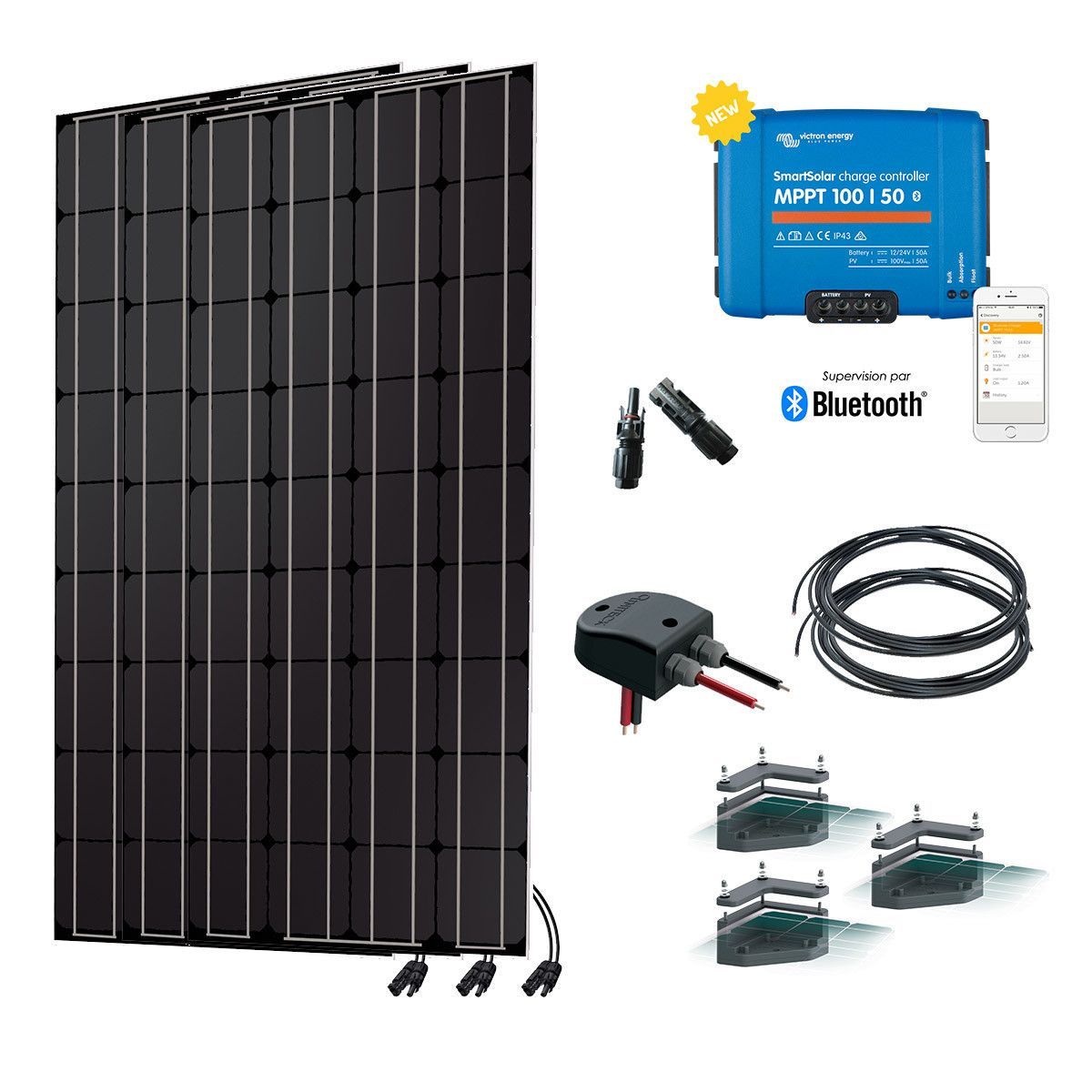 Kit solaire campingcar 3 x 150W (450W) 12V Batterie en option