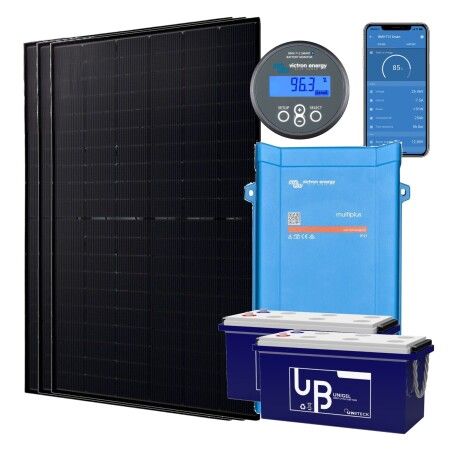 Kit solaire hors r&eacute;seau 1500W hybride 1600VA : 3 panneaux Jolywood 500W, Victron Multi 24V 1600VA, 2 batteries Uniteck GEL 220Ah et BMV-712 Smart
