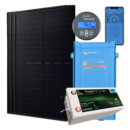 Kit solaire hors r&eacute;seau 1500W lithium hybride 1600VA : 3 panneaux Jolywood 500W, Victron Multi 24V 1600VA, batterie PowerBrick+ 24V 3,84 kWh et BMV-712 Smart