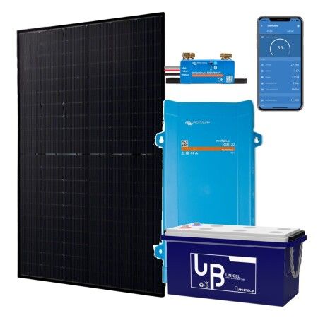 Kit solaire hors r&eacute;seau 500W hybride 1600VA : panneau Jolywood 500W, Victron Multi 1600VA, batterie Uniteck GEL 220Ah et SmartShunt