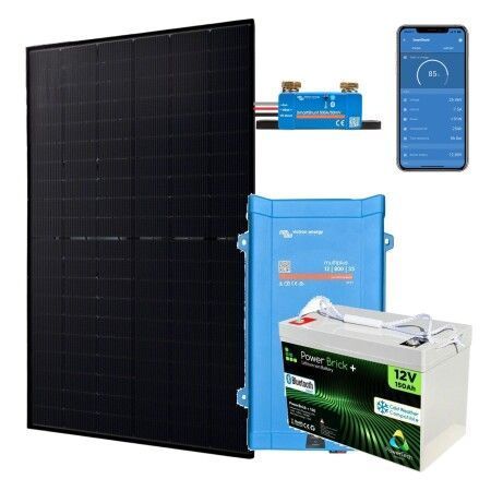 Kit solaire hors r&eacute;seau 500W lithium hybride 800VA : panneau Jolywood 500W, Victron Multi 800VA, batterie PowerBrick+ 12V 150Ah et SmartShunt